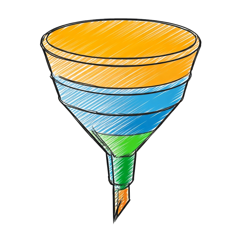 Intent+Method Marketing helps small businesses and experts to create marketing funnels that help users move from discovery to consideration to conversion, as represented by this colorful illustration of a funnel.