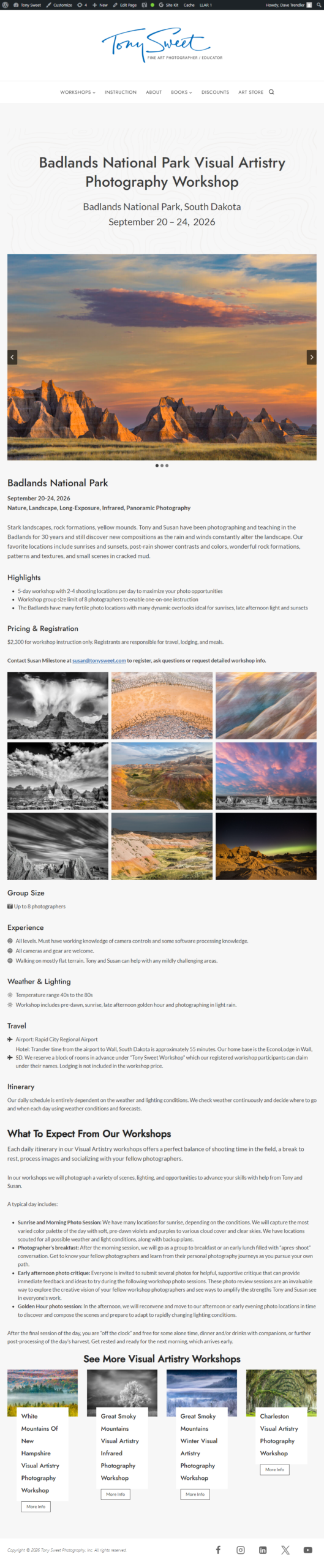 Tony Sweet Visual Artistry Photography Workshops Landing Page for the Badlands National Park Photography Workshop